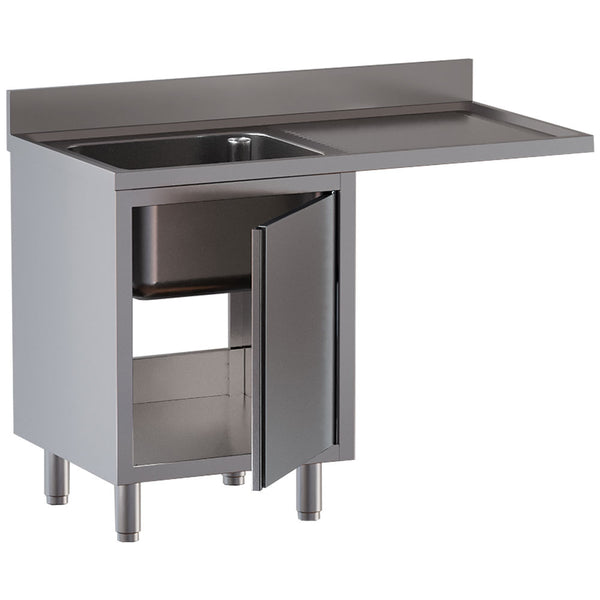 Diamond Spültisch mit einem Becken, Abtropfbrett rechts, auf Schrank mit 2 Schwingtür und platz für Geschirr.