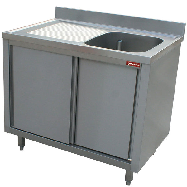 Diamond Spültisch 1 Becken 600x500x275, Ablauffläche links, auf Unterschrank mit 2 Schiebetüren.