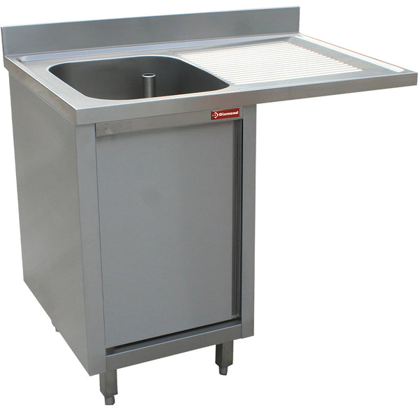 Diamond Spültisch mit einem Becken, Abtropfbrett rechts, auf Schrank mit 2 Schwingtür und platz für Geschirr.