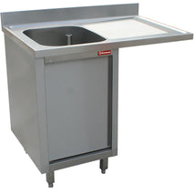 Diamond Spültisch mit einem Becken, Abtropfbrett rechts, auf Schrank mit 2 Schwingtür und platz für Geschirr.