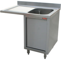 Diamond Spültisch mit einem Becken, Abtropfbrett rechts, auf Schrank mit 2 Schiebetüren und platz für Geschirr.