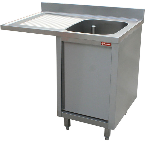 Diamond Spültisch mit einem Becken, Abtropfbrett rechts, auf Schrank mit 2 Schiebetüren und platz für Geschirr.