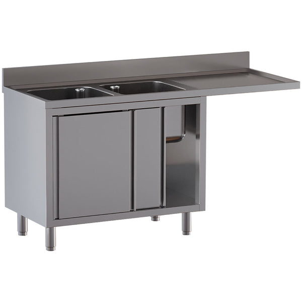 Diamond Spültisch mit 2 Becken 400×500×300, Abtropffläche rechts, auf Unterschrank mit 2 Schiebetüren und Geschirrspülerplatz
