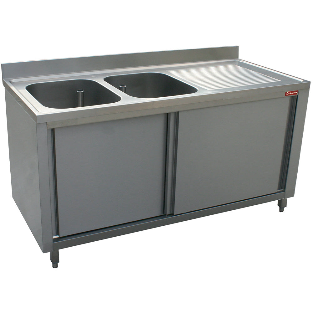 Diamond Spültisch 2 Becken 400x500x275, Ablauffläche rechts, auf Schrank mit 2 Schiebetüren