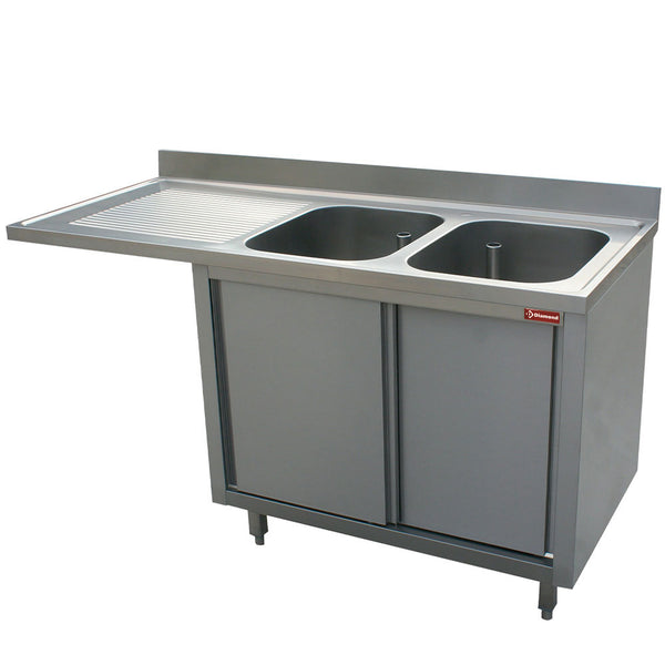 Diamond Spüle mit 2 Becken,Ablauf links, aus Schrank mit 2 Schiebetüren und Platz für Spülmaschine
