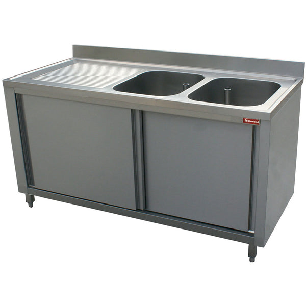 Diamond Spültisch, 2 Becken 600x500x325, Ablauffläche links, auf Unterschrank mit 2 Schiebtûren
