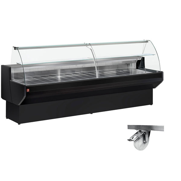 Refrigerated display counter, curved glass with storage space - BLACK + Option: Frame on 4 wheels, 2 with brakes