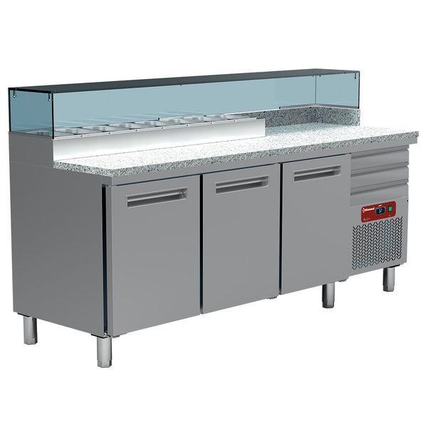 Diamond Gekühlter Pizzatisch, 3 Türen 600x400, 3 neutrale Schubladen 600x400, Kühlaufsatz 8x GN 1/4