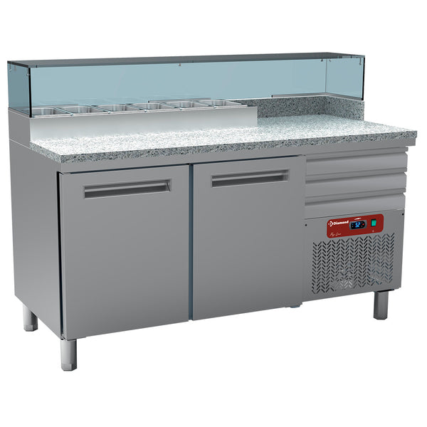 Diamond Gekühlter Pizzatisch, 2 Türen 600x400, 3 neutrale Schubladen 600x400, Kühlaufsatz 6x GN ¼