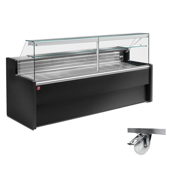 Refrigerated display counter with straight glass panel 90°, with  reserve - BLACK + Option: Frame on 4 wheels, 2 with brakes