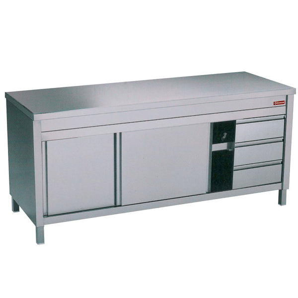 Diamond Table on neutral cupboard and 3 drawers on the right