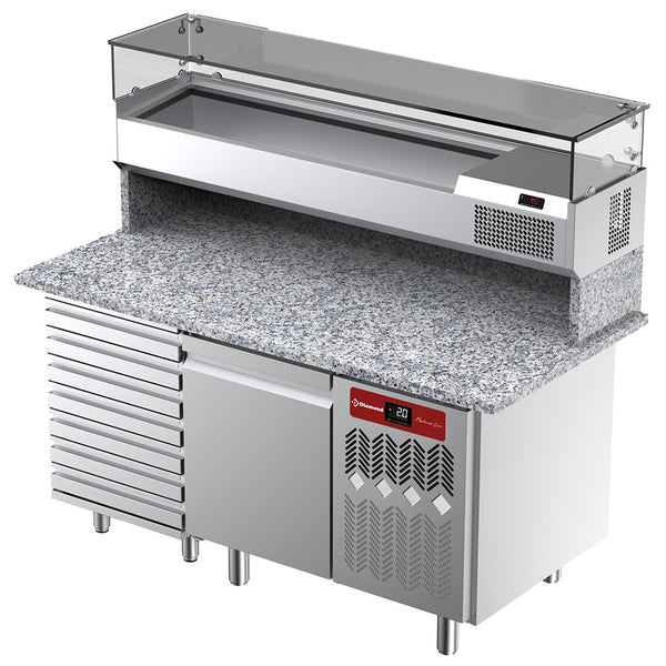 Diamond Belüfteter Kühltisch für Pizza mit 1 Tür und 7 Schubladen und Kühlvitrine 1600x380x410 und Arbeitsplatte aus Granit.