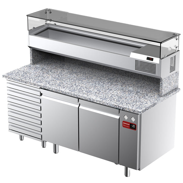 Diamond Belüfteter Kühltisch für Pizza mit 2 Türen und 7 Schubladen und Kühlvitrine 1800x380x410 und Arbeitsplatte aus Granit.