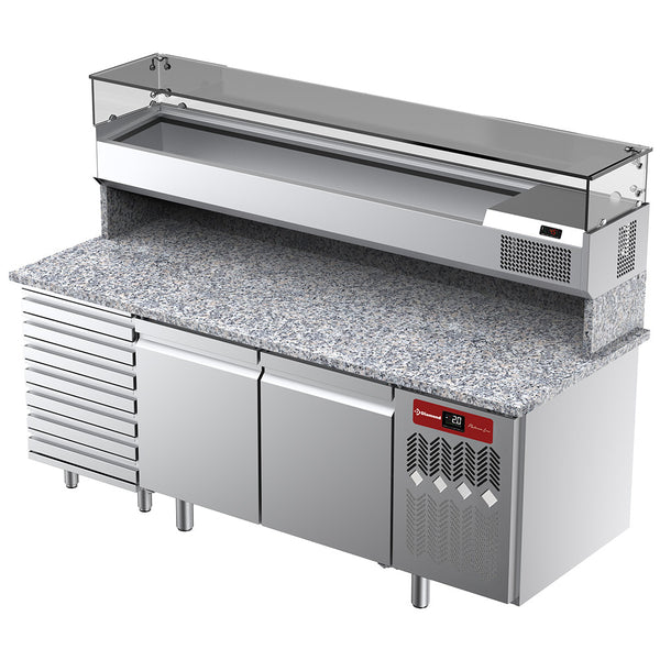 Diamond Belüfteter Kühltisch für Pizza mit 2 Türen und 7 Schubladen und Kühlvitrine 2000x380x410 und Arbeitsplatte aus Granit.