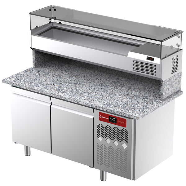 Diamond Belüfteter Kühltisch für Pizza mit 2 Türen und Kühlvitrine 1600x380x410 und Arbeitsplatte aus Granit.