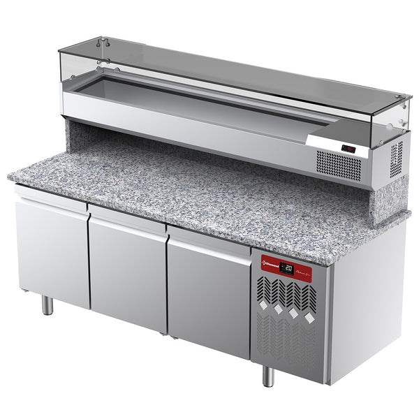 Diamond Belüfteter Kühltisch für Pizza mit 3 Türen und Kühlvitrine 2000x380x410 und Arbeitsplatte aus Granit.
