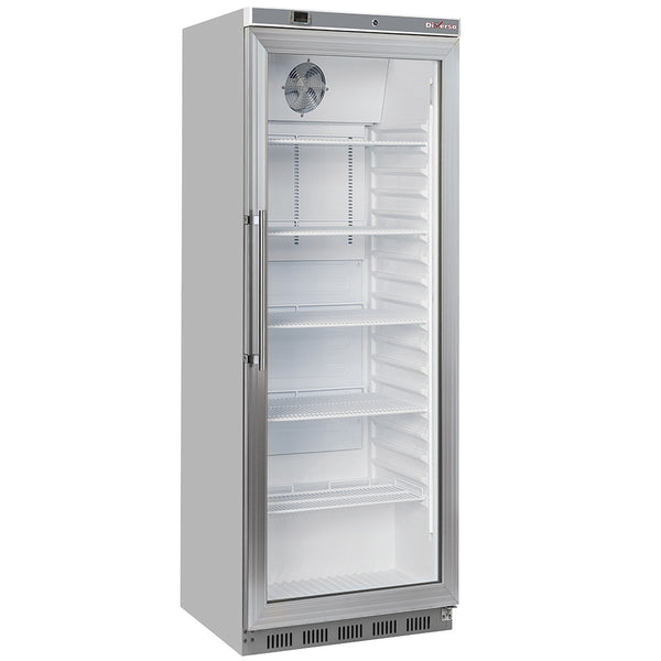 Diverso Kühlschrank, Glastür, belüftet, 400 Liter. aus Edelstahl