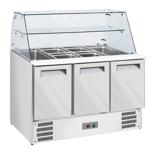 Diverso Saladette mit gewölbter Glasscheibe, 4xGN1/1-150 mm + Reserve 3 Türen.GN 1/1