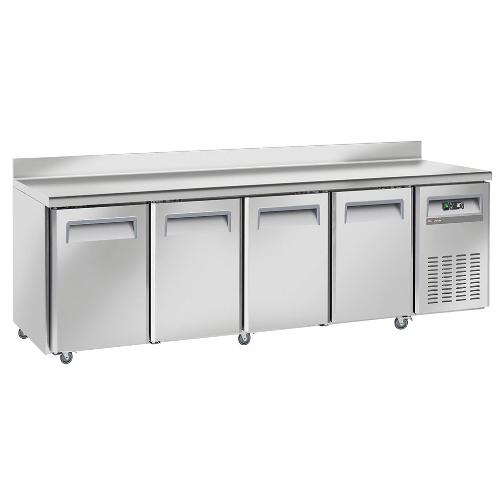 Diverso Kühltisch, Umluft, 4 Türen GN 1/1, mit Rückwand, auf Rädern, 2 mit Bremsen