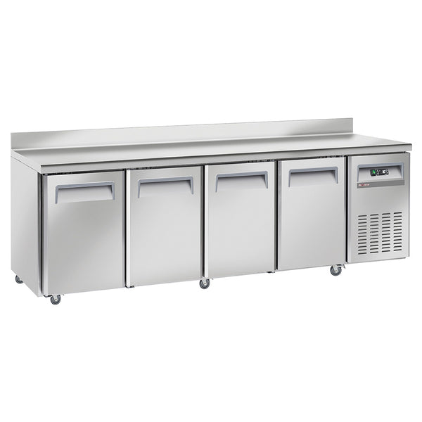 Diverso Kühltisch, Umluft, 4 Türen GN 1/1, mit Rückwand, auf Rädern, 2 mit Bremsen