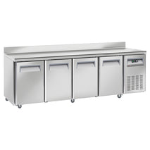 Diverso Kühltisch, Umluft, 4 Türen GN 1/1, mit Rückwand, auf Rädern, 2 mit Bremsen