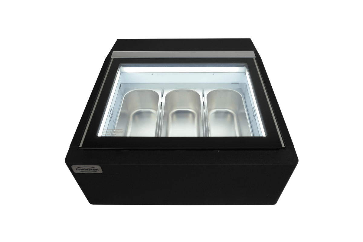 Combisteel Tischmodell Speiseisvitrine Schwarz Öffnet auf der Kundenseite