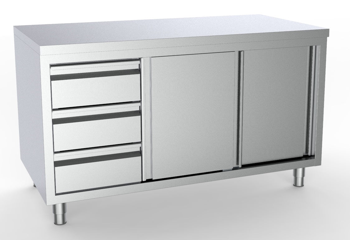 Combisteel Arbeitstisch Schiebetüren Schubladen Links 1400, Serie 700