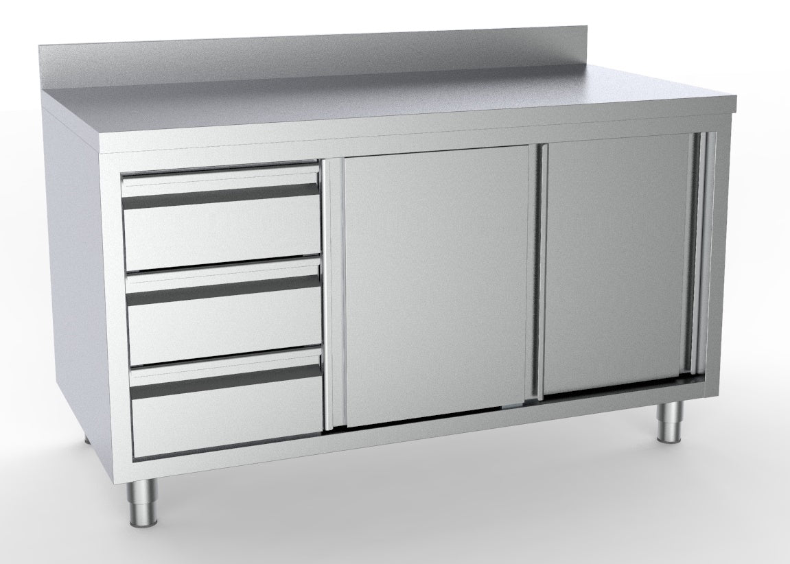 Combisteel Arbeitstisch Schiebetüren Schubladen Links mit Aufkantung 2000, Serie 700