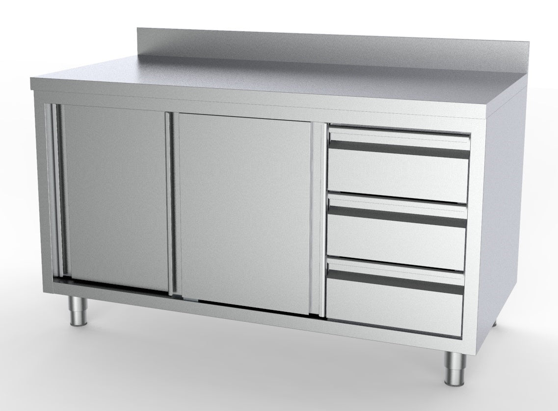 Combisteel Arbeitstisch Schiebetüren Schubladen Rechts mit Aufkantung 1600, Serie 700