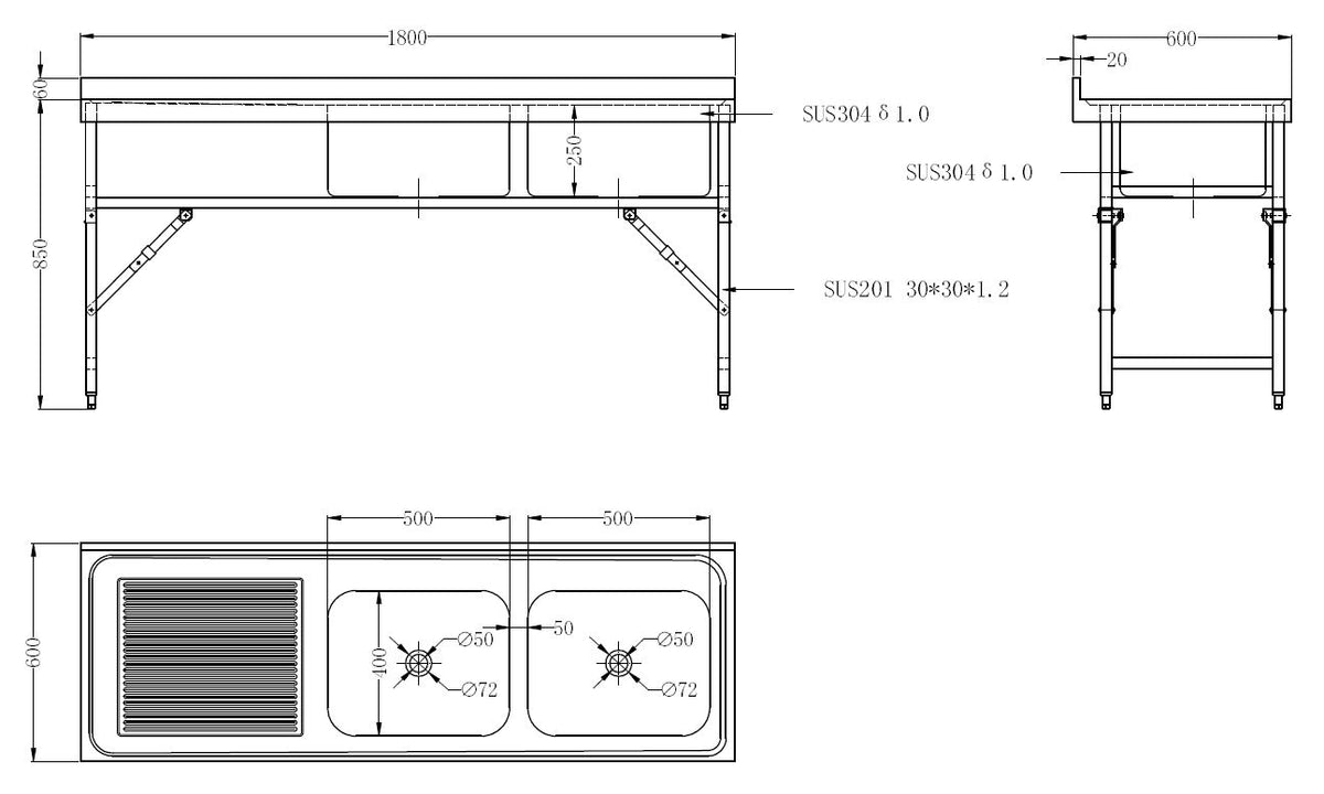 Combisteel Zusammenklappbare Spültisch 1800 2R, Serie 600