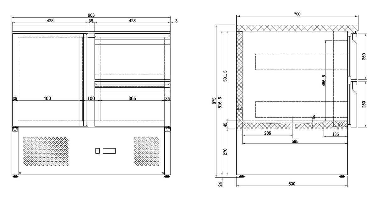 Combisteel Kühltisch 1 TÜR/2 Laden, 900 x 700 x 875 mm