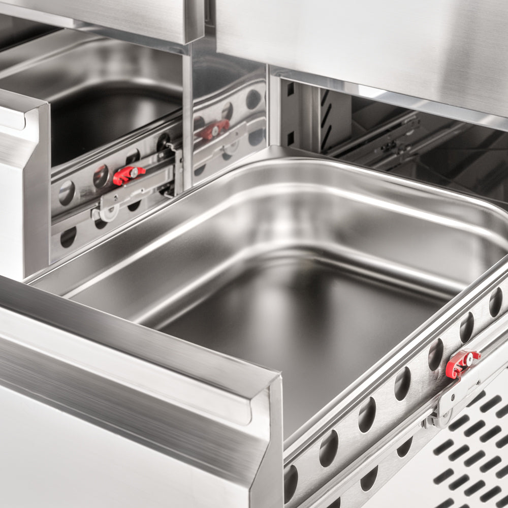 Stalgast Starline Edelstahl Kühltisch mit vier Schubladen GN 1/1, 900x700x875 mm (BxTxH), ohne Aufkantung