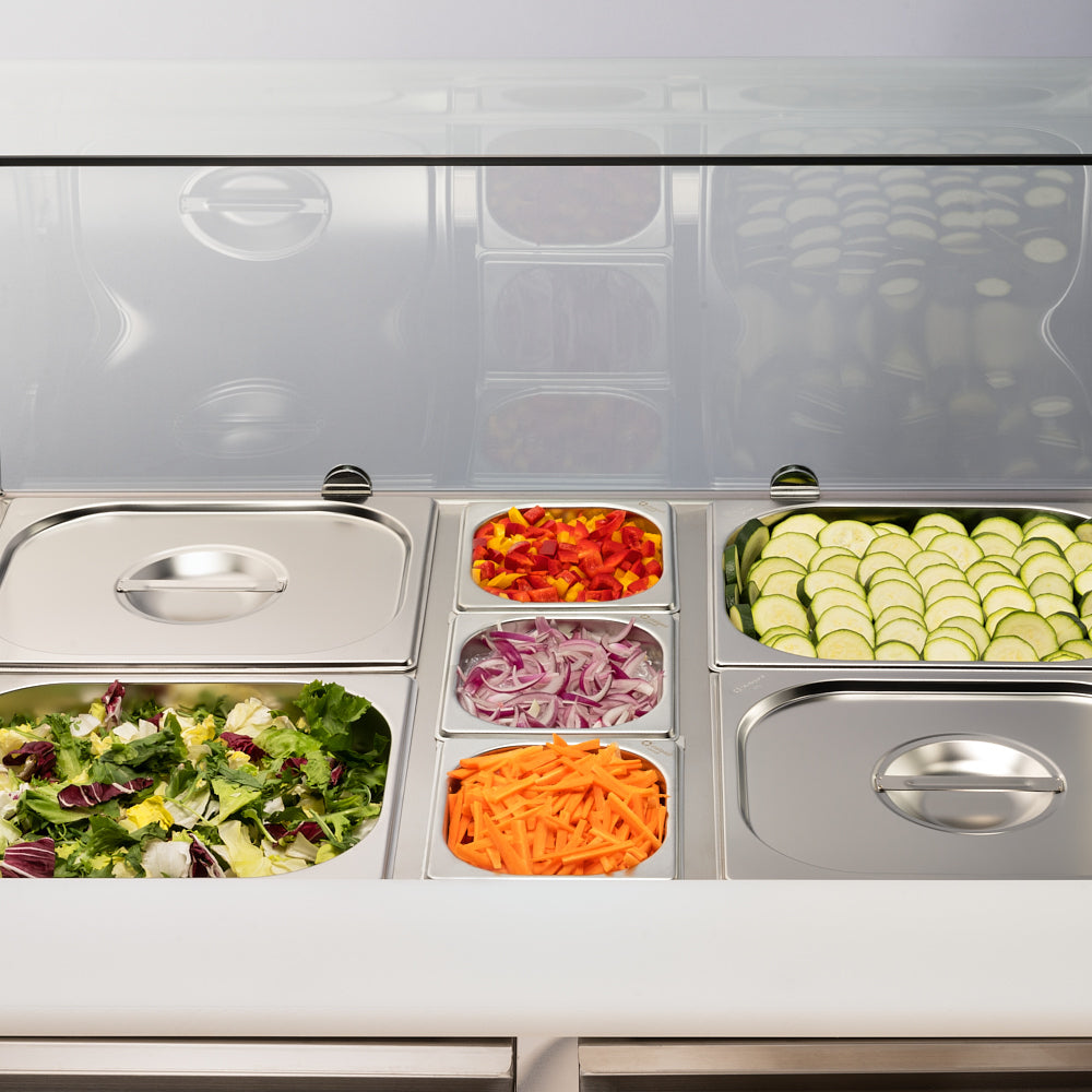 Stalgast Starline Saladette mit Glasaufsatz, 2-türig, GN 1/1, Aufnahme 10x GN1/4, 900x705x1300 mm (BxTxH), ohne Aufkantung
