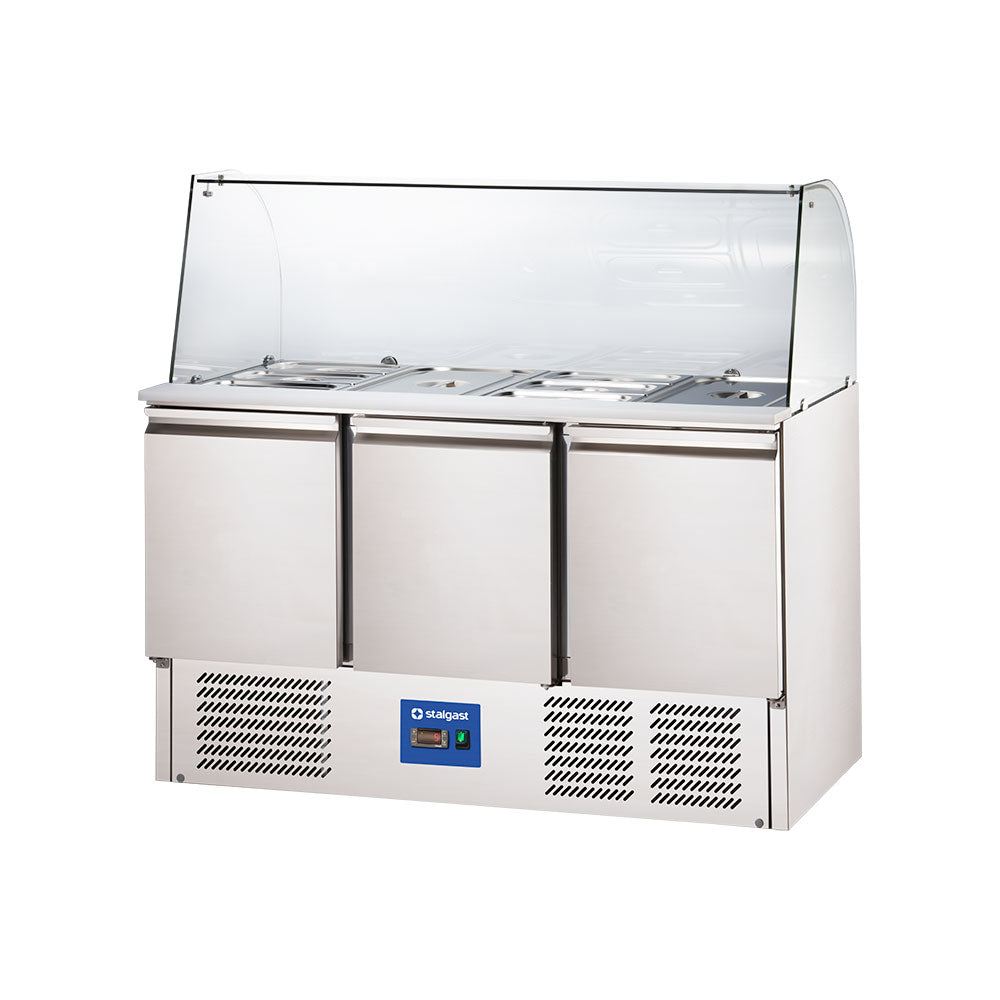 Stalgast Starline Saladette mit Glasaufsatz, 3-türig, GN 1/1, Aufnahme 16x GN1/4, 1365x700x1345 mm (BxTxH)