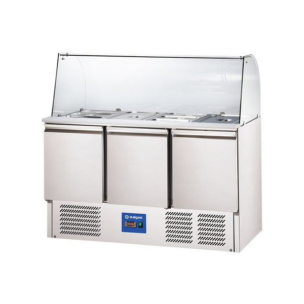 Stalgast Starline Saladette mit Glasaufsatz, 3-türig, GN 1/1, Aufnahme 16x GN1/4, 1365x700x1345 mm (BxTxH)