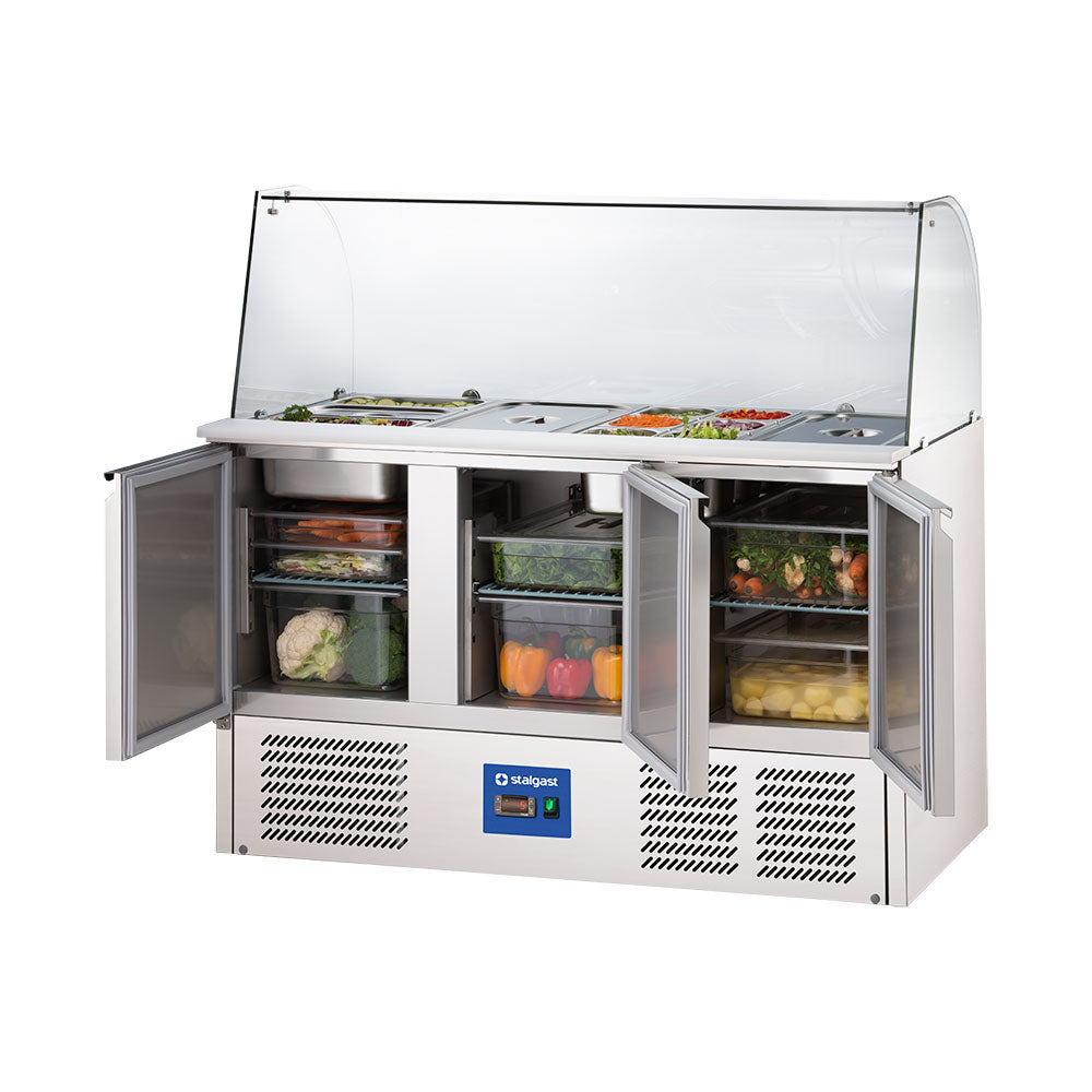 Stalgast Starline Saladette mit Glasaufsatz, 3-türig, GN 1/1, Aufnahme 16x GN1/4, 1365x700x1345 mm (BxTxH)