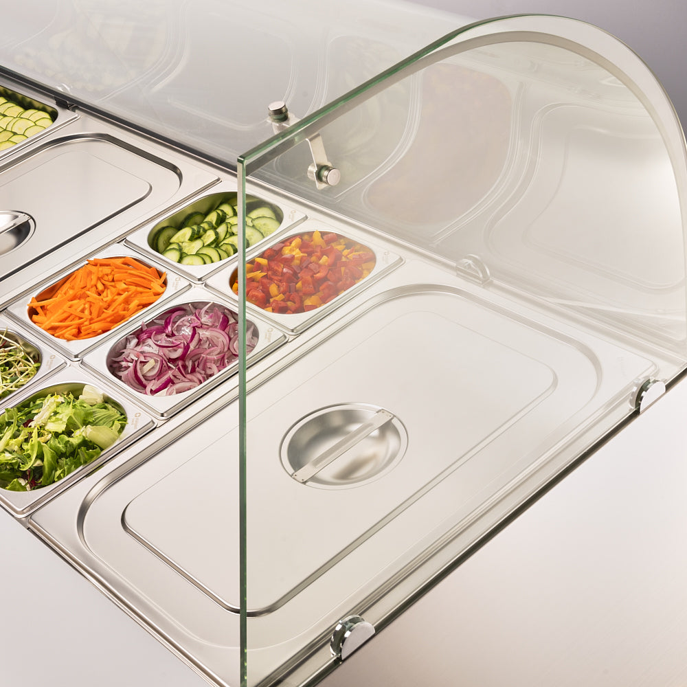 Stalgast Starline Saladette mit Glasaufsatz, 3-türig, GN 1/1, Aufnahme 16x GN1/4, 1365x700x1345 mm (BxTxH)