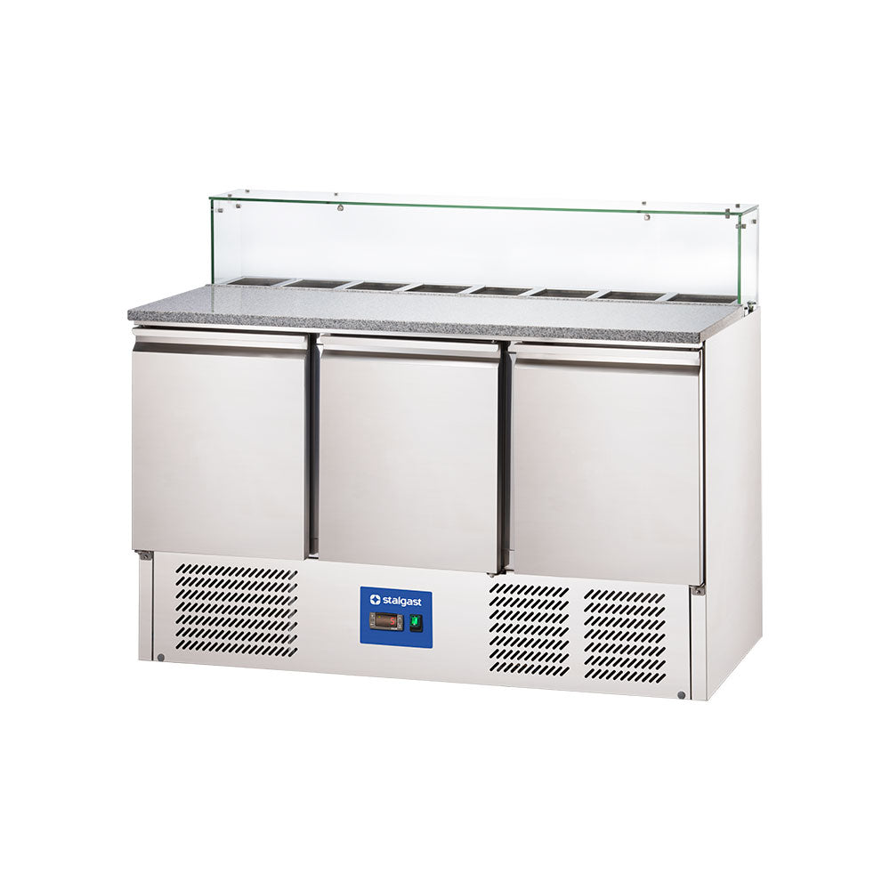 Stalgast Starline Pizzatisch mit Glasabdeckung, 3-türig, GN 1/1, Aufnahme 8x GN 1/6, 1365x700x1090 mm (BxTxH)