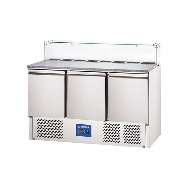 Stalgast Starline Pizzatisch mit Glasabdeckung, 3-türig, GN 1/1, Aufnahme 8x GN 1/6, 1365x700x1090 mm (BxTxH)