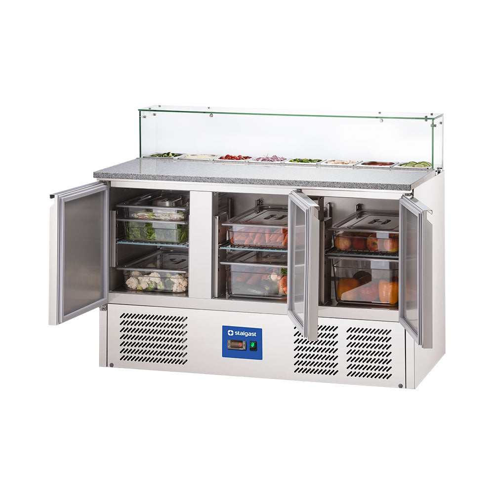 Stalgast Starline Pizzatisch mit Glasabdeckung, 3-türig, GN 1/1, Aufnahme 8x GN 1/6, 1365x700x1090 mm (BxTxH)