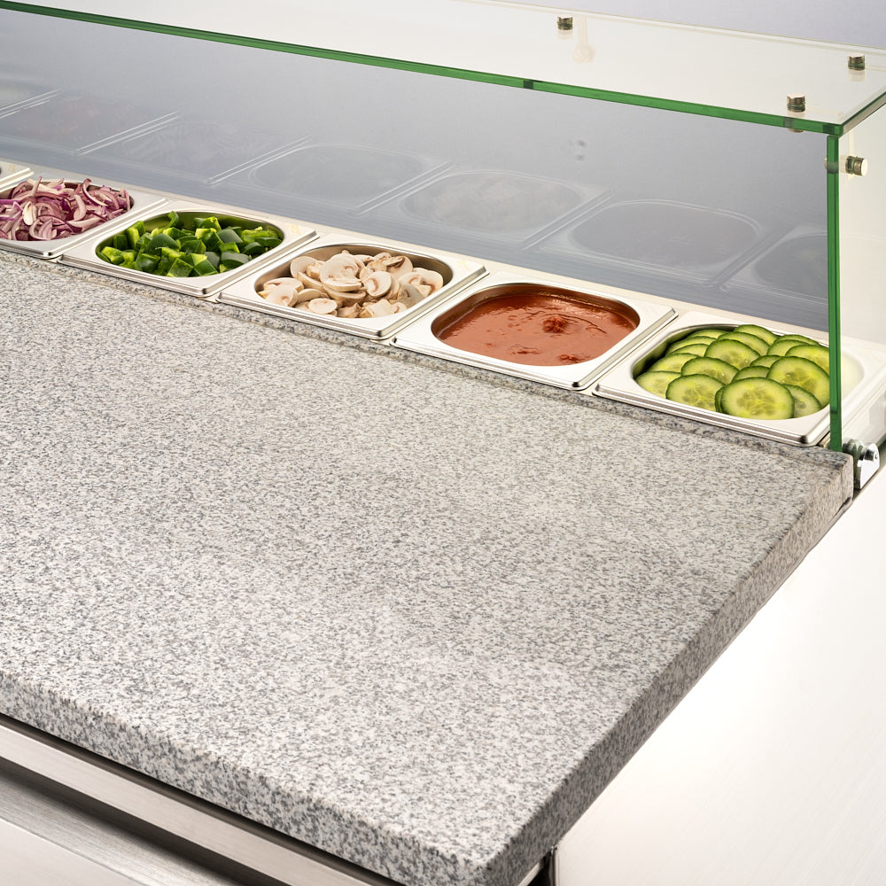 Stalgast Starline Pizzatisch mit Glasabdeckung, 3-türig, GN 1/1, Aufnahme 8x GN 1/6, 1365x700x1090 mm (BxTxH)