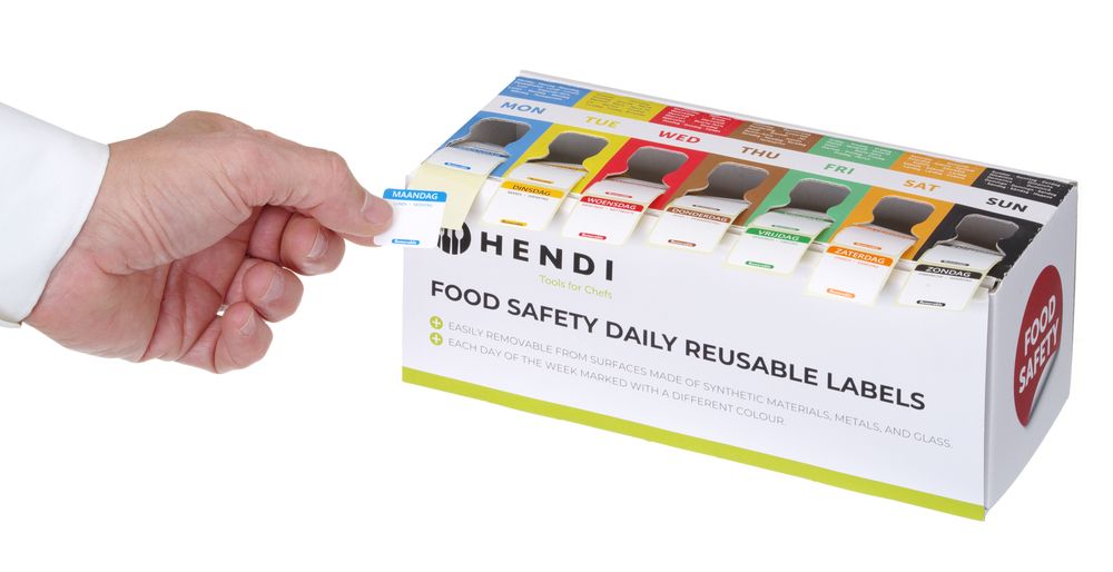 HENDI Set Lebensmittelsicherheitsetiketten, mehrfach verwendbar, leicht herausnehmbar, mit Spender