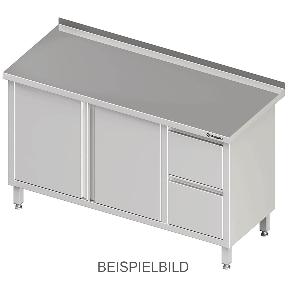 Stalgast Arbeitsschrank mit Flügeltüren, 1200x600x850 mm, mit 2er Schubladenblock links, mit Aufkantung, verschweißt