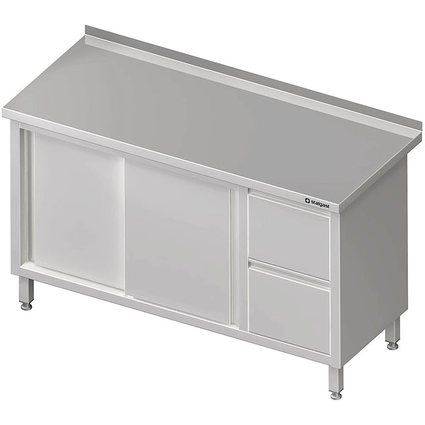 Stalgast Arbeitsschrank mit Schiebetüren 2000x700x850 mm, mit 2er Schubladenblock rechts, mit Aufkantung, verschweißt