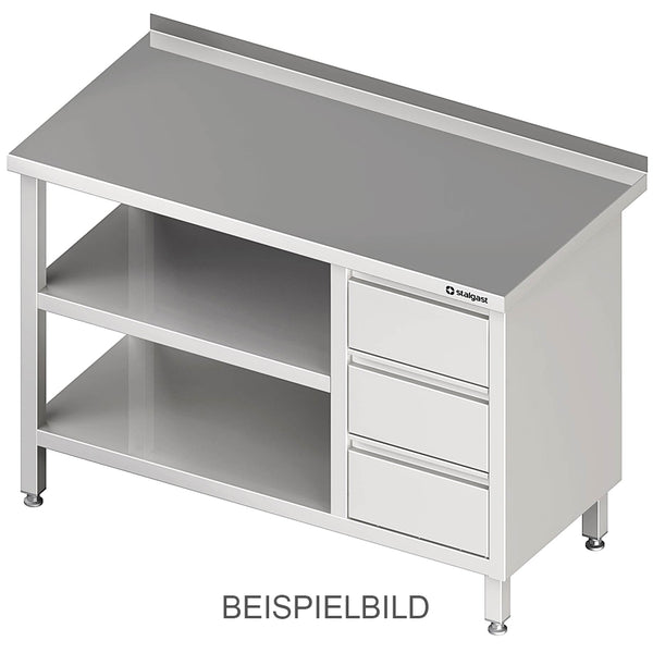 Stalgast Arbeitstisch mit Grund- und Zwischenboden, 2500x600x850 mm, mit 3er Schubladenblock links, ohne Aufkantung, verschweißt
