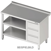 Stalgast Arbeitstisch mit Grund- und Zwischenboden, 2800x700x850 mm, mit 3er Schubladenblock links, ohne Aufkantung, verschweißt