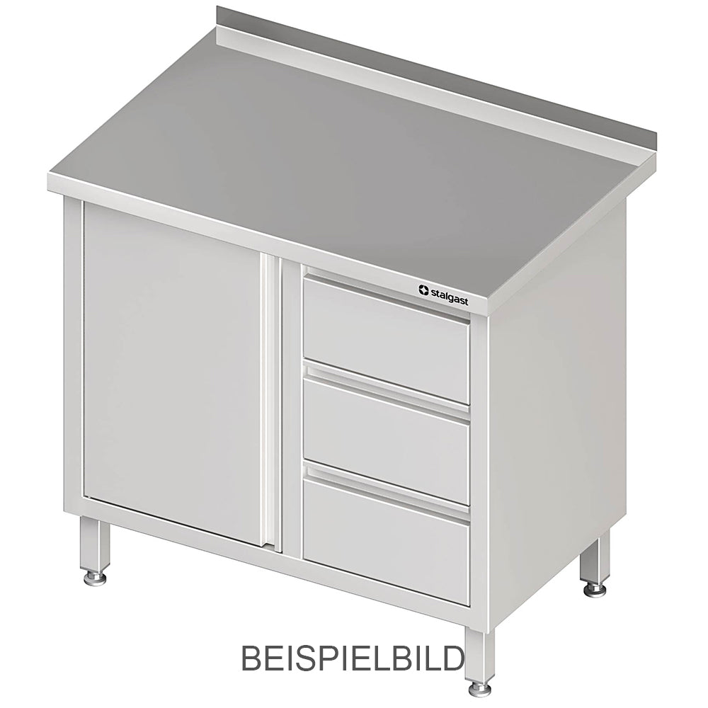 Stalgast Arbeitsschrank mit Flügeltür, 800x600x850 mm, mit 3er Schubladenblock links, ohne Aufkantung, verschweißt