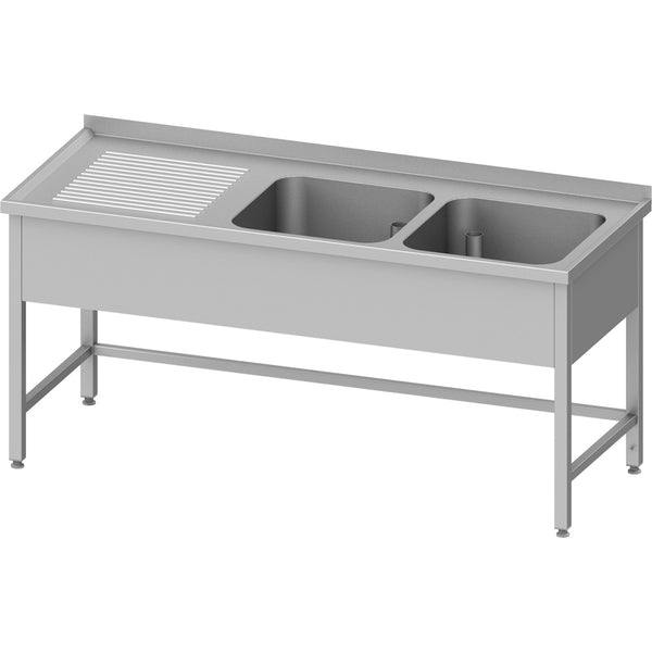 Stalgast Spültisch ohne Grundboden 1800x600x850 mm, mit zwei Becken rechts, mit Aufkantung, verschweißt
