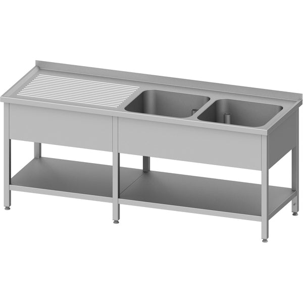 Stalgast Spültisch mit Grundboden 2700x700x850 mm, mit zwei Becken rechts, mit Aufkantung, verschweißt