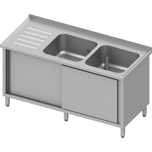 Stalgast Spülschrank mit Schiebetüren 1800x600x850 mm, mit zwei Becken rechts, mit Aufkantung, verschweißt